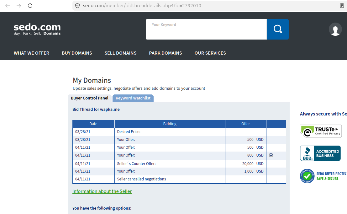 Sedo domain negotiation showing the seller's asking price for wapka.com